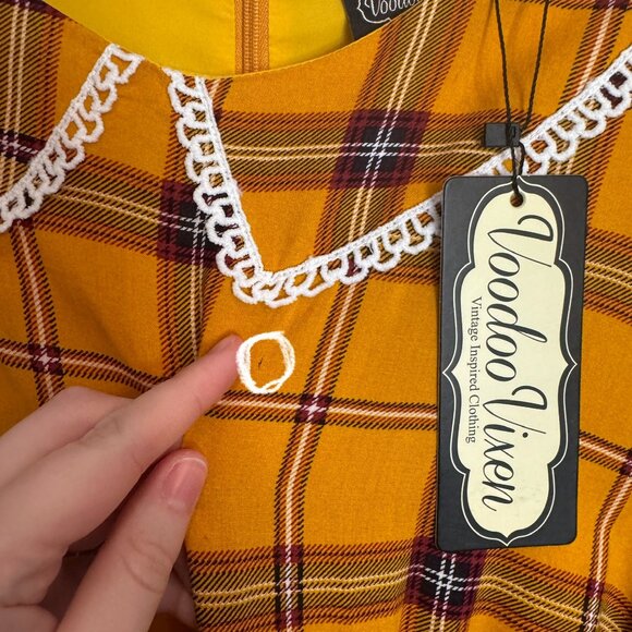 NWT Voodoo Vixen Harley Dress Size XL Yellow Plaid Embroidered Cottagecore FLAW - Picture 7 of 16